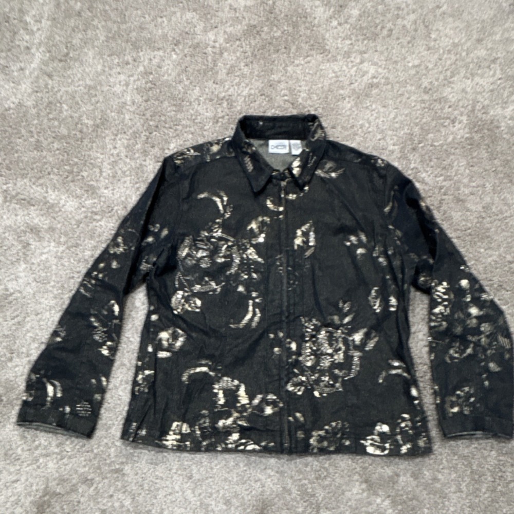 Chico's Women Black Gold Floral Full Zip Jacket Short Long Sleeve Size 2